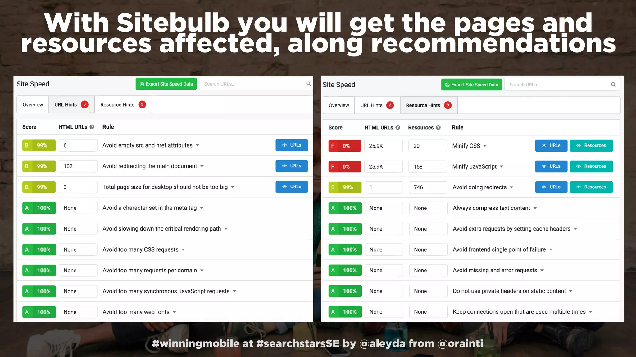 #winningmobile at #searchstarsSE by @aleyda from @orainti
With Sitebulb you will get the pages and
resources affected, along recommendations
 