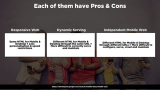 #winningmobile at #learninbound by @aleyda from @orainti
Each of them have Pros & Cons
https://developers.google.com/search/mobile-sites/mobile-seo/
Responsive Web Dynamic Serving Independent Mobile Web
Same HTML for Mobile &
Desktop = Less
personalisation & speed
restrictions
Different HTML for Mobile &
Desktop through the same URL =
More difficult to correctly serve
and maintain
Different HTML for Mobile & Desktop
through different URLs = More difficult to
configure, serve, crawl and maintain
 