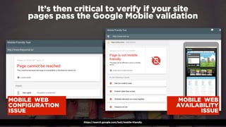 #winningmobile at #learninbound by @aleyda from @oraintihttps://search.google.com/test/mobile-friendly
It’s then critical to verify if your site  
pages pass the Google Mobile validation
MOBILE WEB
CONFIGURATION
ISSUE
MOBILE WEB
AVAILABILITY
ISSUE
 