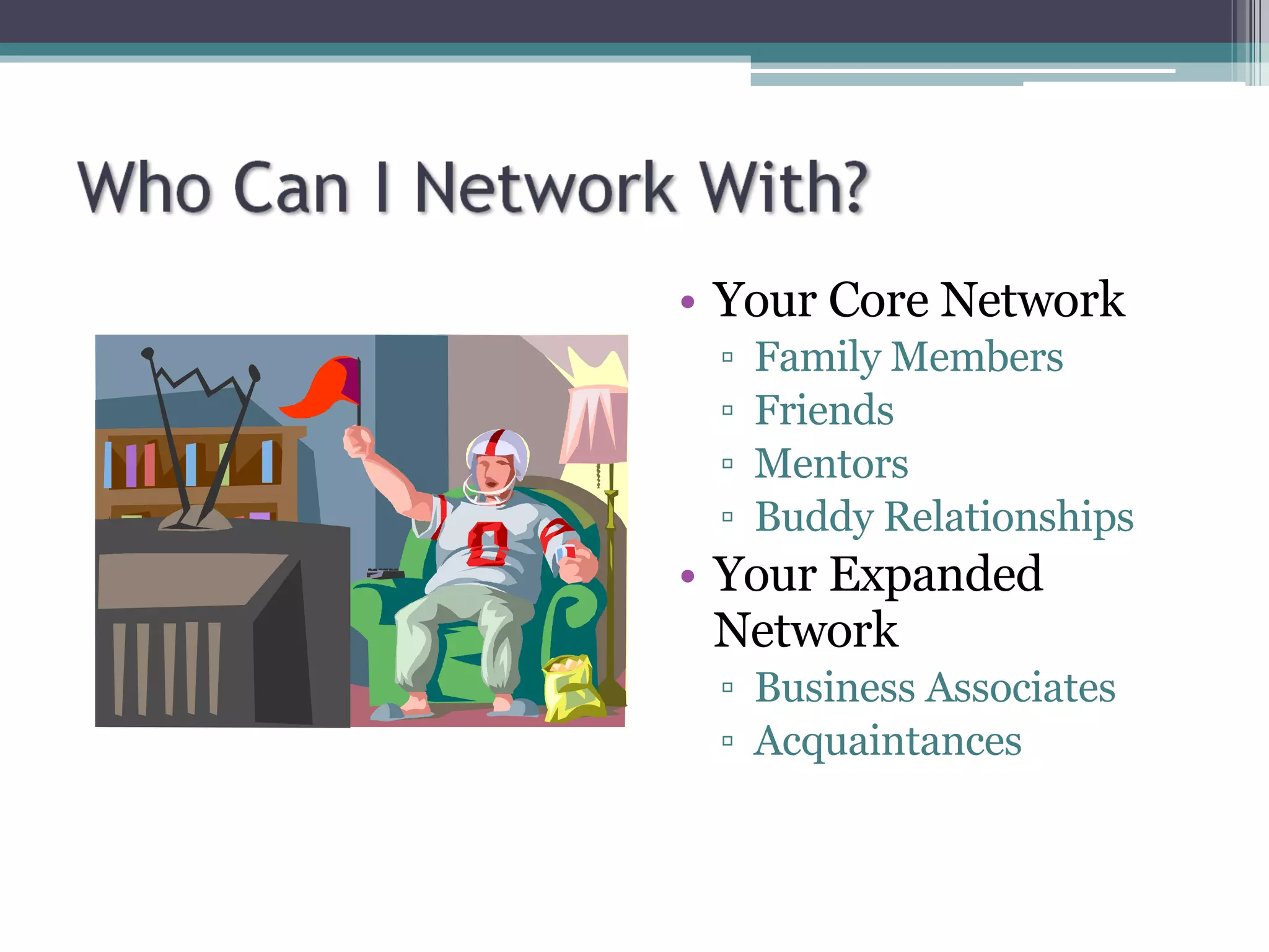 Your Core Network Family Members Friends Mentors Buddy Relationships Your Expanded Network Business Associates Acquaintances 