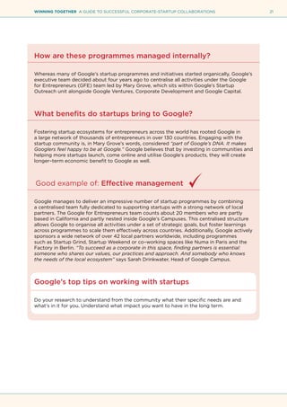 21WINNING TOGETHER A GUIDE TO SUCCESSFUL CORPORATE-STARTUP COLLABORATIONS
How are these programmes managed internally?
Whereas many of Google’s startup programmes and initiatives started organically, Google’s
executive team decided about four years ago to centralise all activities under the Google
for Entrepreneurs (GFE) team led by Mary Grove, which sits within Google’s Startup
Outreach unit alongside Google Ventures, Corporate Development and Google Capital.
What benefits do startups bring to Google?
Fostering startup ecosystems for entrepreneurs across the world has rooted Google in
a large network of thousands of entrepreneurs in over 130 countries. Engaging with the
startup community is, in Mary Grove’s words, considered “part of Google’s DNA. It makes
Googlers feel happy to be at Google.” Google believes that by investing in communities and
helping more startups launch, come online and utilise Google’s products, they will create
longer–term economic benefit to Google as well.
Good example of: Effective management
Google manages to deliver an impressive number of startup programmes by combining
a centralised team fully dedicated to supporting startups with a strong network of local
partners. The Google for Entrepreneurs team counts about 20 members who are partly
based in California and partly nested inside Google’s Campuses. This centralised structure
allows Google to organise all activities under a set of strategic goals, but foster learnings
across programmes to scale them effectively across countries. Additionally, Google actively
sponsors a wide network of over 42 local partners worldwide, including programmes
such as Startup Grind, Startup Weekend or co–working spaces like Numa in Paris and the
Factory in Berlin. “To succeed as a corporate in this space, finding partners is essential:
someone who shares our values, our practices and approach. And somebody who knows
the needs of the local ecosystem” says Sarah Drinkwater, Head of Google Campus.
Google’s top tips on working with startups
Do your research to understand from the community what their specific needs are and
what’s in it for you. Understand what impact you want to have in the long term.
 