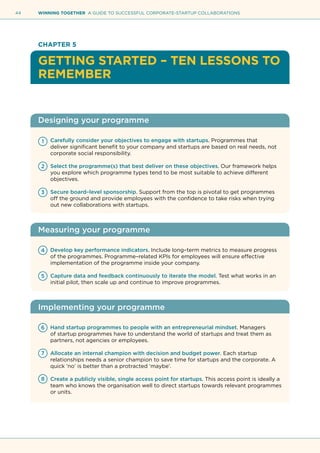 44 WINNING TOGETHER A GUIDE TO SUCCESSFUL CORPORATE-STARTUP COLLABORATIONS
CHAPTER 5
GETTING STARTED – TEN LESSONS TO
REMEMBER
Designing your programme
Carefully consider your objectives to engage with startups. Programmes that
deliver significant benefit to your company and startups are based on real needs, not
corporate social responsibility.
Select the programme(s) that best deliver on these objectives. Our framework helps
you explore which programme types tend to be most suitable to achieve different
objectives.
Secure board–level sponsorship. Support from the top is pivotal to get programmes
off the ground and provide employees with the confidence to take risks when trying
out new collaborations with startups.
Measuring your programme
Develop key performance indicators. Include long–term metrics to measure progress
of the programmes. Programme–related KPIs for employees will ensure effective
implementation of the programme inside your company.
Capture data and feedback continuously to iterate the model. Test what works in an
initial pilot, then scale up and continue to improve programmes.
Implementing your programme
Hand startup programmes to people with an entrepreneurial mindset. Managers
of startup programmes have to understand the world of startups and treat them as
partners, not agencies or employees.
Allocate an internal champion with decision and budget power. Each startup
relationships needs a senior champion to save time for startups and the corporate. A
quick ‘no’ is better than a protracted ‘maybe’.
Create a publicly visible, single access point for startups. This access point is ideally a
team who knows the organisation well to direct startups towards relevant programmes
or units.
1
4
2
5
6
7
8
3
 