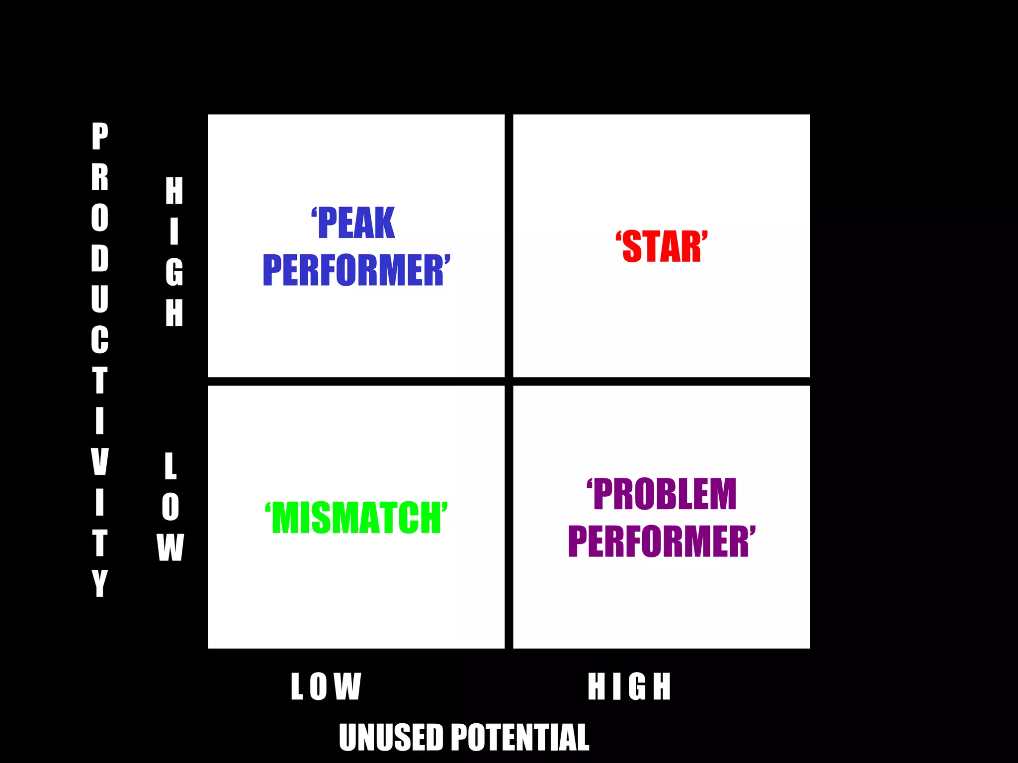 ‘ PEAK  PERFORMER’ ‘ MISMATCH’ ‘ STAR’ ‘ PROBLEM PERFORMER’ P R O D U C T I V I T Y UNUSED POTENTIAL H I G H L O W L O W H I G H 