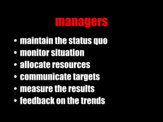 managers maintain the status quo monitor situation allocate resources communicate targets measure the results feedback on the trends 