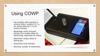 Using COWP
• Use smallest dose possible to
achieve effect, usually 0.5-1 g
for lambs/kids and 1-2 g for
mature animals.
• Repackage cattle and goat
boluses into smaller doses for
deworming, especially for sheep.
• Administer using a bolus or
balling gun.
• Selectively treat animals.
• Minimize number of treatments.
 