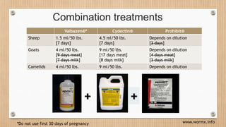 Combination treatments
Valbazen®* Cydectin® Prohibit®
Sheep 1.5 ml/50 lbs.
[7 days]
4.5 ml/50 lbs.
[7 days]
Depends on dil...