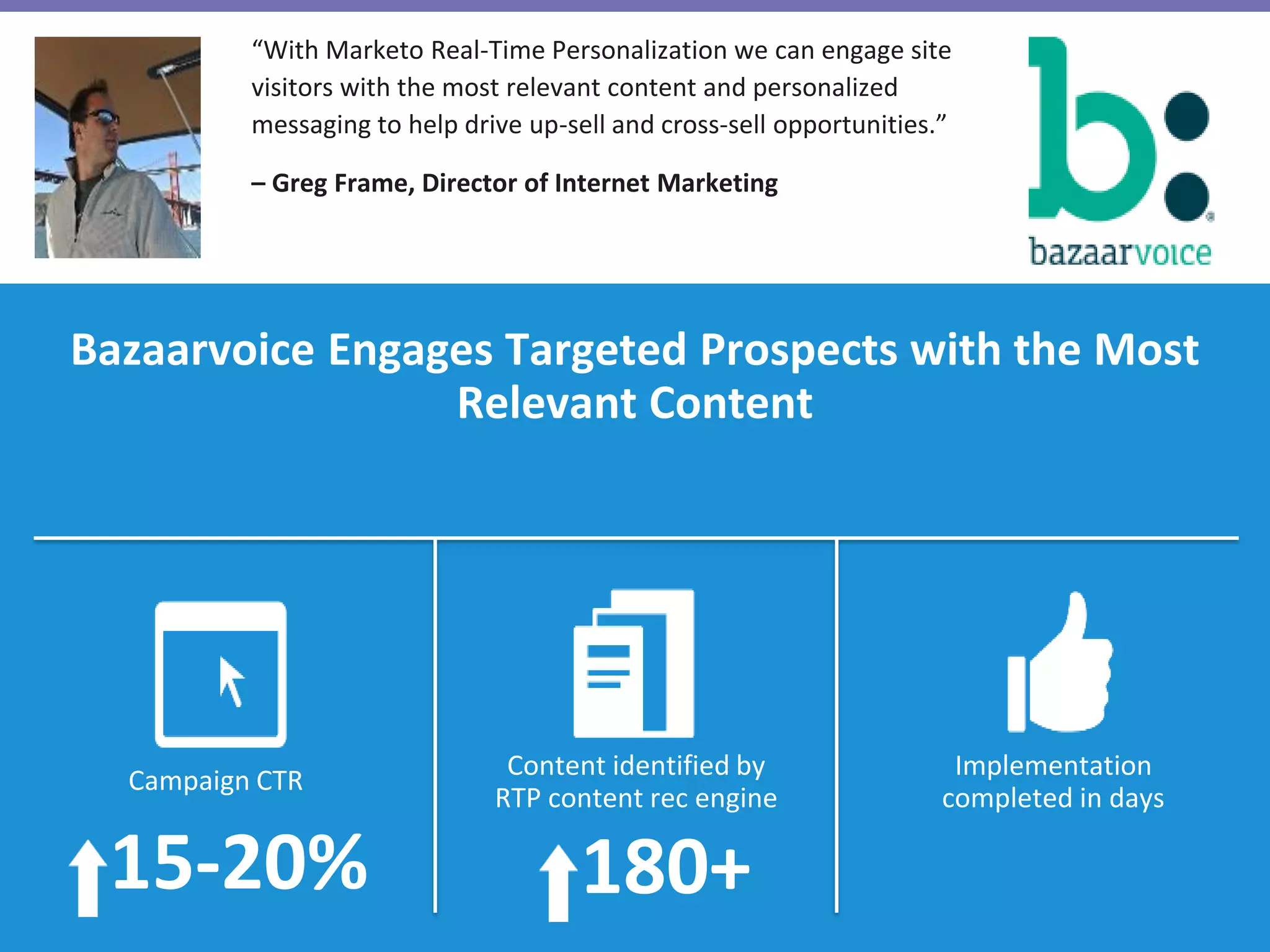 Campaign CTR
Content identified by
RTP content rec engine
Implementation
completed in days
Bazaarvoice Engages Targeted Prospects with the Most
Relevant Content
“With Marketo Real-Time Personalization we can engage site
visitors with the most relevant content and personalized
messaging to help drive up-sell and cross-sell opportunities.”
– Greg Frame, Director of Internet Marketing
15-20% 180+
 