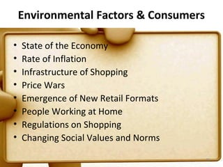 Environmental Factors & Consumers

•   State of the Economy
•   Rate of Inflation
•   Infrastructure of Shopping
•   Price Wars
•   Emergence of New Retail Formats
•   People Working at Home
•   Regulations on Shopping
•   Changing Social Values and Norms

                                        40
 