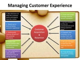 Managing Customer Experience
1. Base decisions on
                                      6. Create and sustain
what the customer
                                      a strong customer
wants and expects
                                      service orientation
from the retailer
                                      7. Correct mistakes
2. Think & act in                     as they are
terms of entire                       uncovered and avoid
customer experience                   failing customers
                        Customer      twice
3. Continuously         Acquisition   8. Empower your
improve all parts of                  customers to co-
the customer
                            &         product their own
experience              Retention     service experience

4. Employ and                         9. Get your managers
reward workers who                    to lead from the
can build customer                    front not from the
relationships                         top!

5. Train employees to
                                      10. Treat all of your
cope with the
                                      customers as if they
emotional costs of
                                      were guests
selling retailing                                             50
 