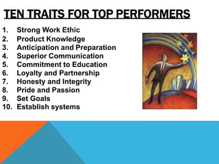 TEN TRAITS FOR TOP PERFORMERS
1. Strong Work Ethic
2. Product Knowledge
3. Anticipation and Preparation
4. Superior Communication
5. Commitment to Education
6. Loyalty and Partnership
7. Honesty and Integrity
8. Pride and Passion
9. Set Goals
10. Establish systems
 