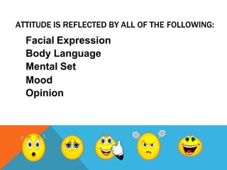 ATTITUDE IS REFLECTED BY ALL OF THE FOLLOWING:
Facial Expression
Body Language
Mental Set
Mood
Opinion
 