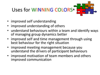 Uses for WINNING COLORS®
• improved self understanding
• improved understanding of others
• understand behaviours within a team and identify ways
of managing group dynamics better
• improved self and time management through using
best behaviour for the right situation
• improved meeting management because you
understand the drivers of participant behaviours
• improved motivation of team members and others
improved communication
 