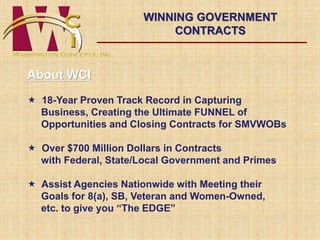 About WCI 
WINNING GOVERNMENT 
CONTRACTS 
 18-Year Proven Track Record in Capturing 
Business, Creating the Ultimate FUNNEL of 
Opportunities and Closing Contracts for SMVWOBs 
 Over $700 Million Dollars in Contracts 
with Federal, State/Local Government and Primes 
 Assist Agencies Nationwide with Meeting their 
Goals for 8(a), SB, Veteran and Women-Owned, 
etc. to give you “The EDGE” 
 