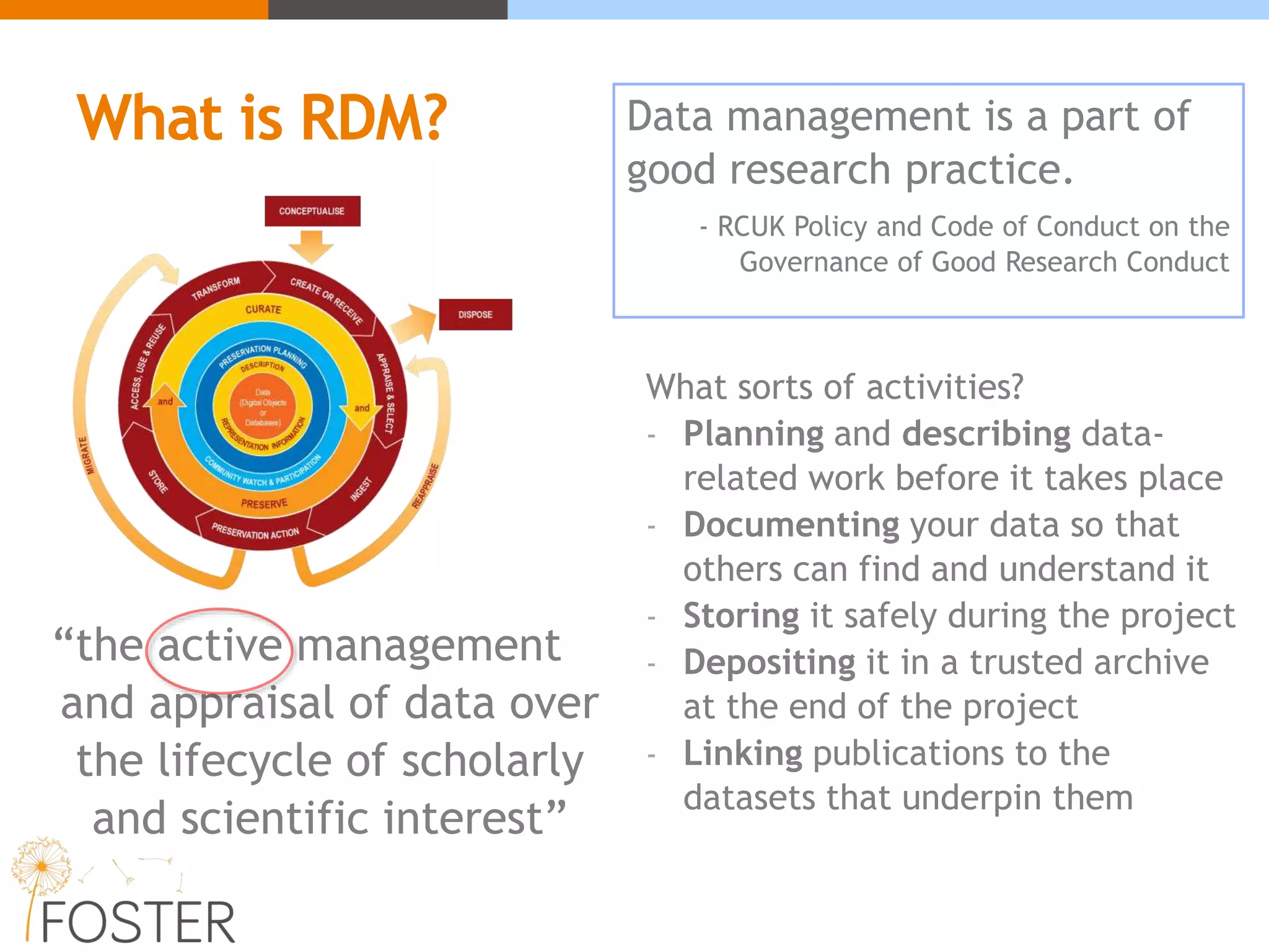 What is RDM?
“the active management
and appraisal of data over
the lifecycle of scholarly
and scientific interest”
What sorts of activities?
- Planning and describing data-
related work before it takes place
- Documenting your data so that
others can find and understand it
- Storing it safely during the project
- Depositing it in a trusted archive
at the end of the project
- Linking publications to the
datasets that underpin them
Data management is a part of
good research practice.
- RCUK Policy and Code of Conduct on the
Governance of Good Research Conduct
 