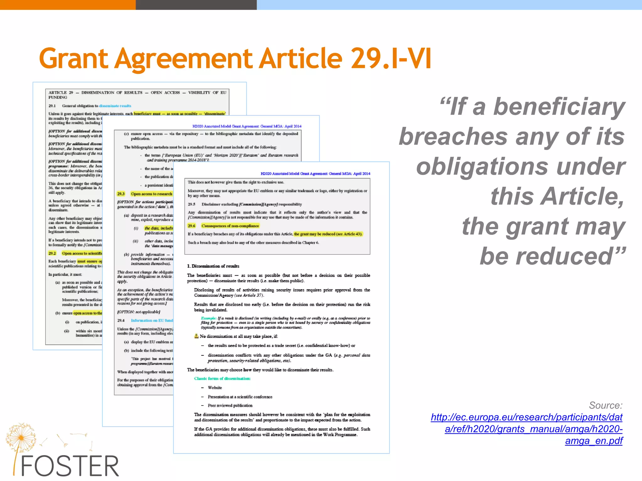 Source:
http://ec.europa.eu/research/participants/dat
a/ref/h2020/grants_manual/amga/h2020-
amga_en.pdf
“If a beneficiary
breaches any of its
obligations under
this Article,
the grant may
be reduced”
Grant Agreement Article 29.I-VI
 