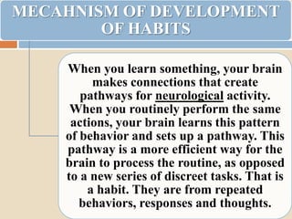 MECAHNISM OF DEVELOPMENT
        OF HABITS

    When you learn something, your brain
         makes connections that create
       pathways for neurological activity.
     When you routinely perform the same
     actions, your brain learns this pattern
    of behavior and sets up a pathway. This
    pathway is a more efficient way for the
    brain to process the routine, as opposed
    to a new series of discreet tasks. That is
        a habit. They are from repeated
       behaviors, responses and thoughts.
 