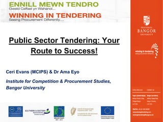 Public Sector Tendering: Your
       Route to Success!

Ceri Evans (MCIPS) & Dr Ama Eyo

Institute for Competition & Procurement Studies,
Bangor University
 