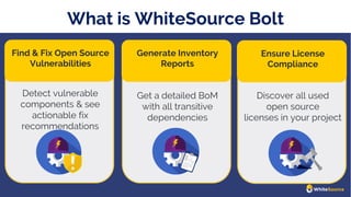 What is WhiteSource Bolt
Find & Fix Open Source
Vulnerabilities
Detect vulnerable
components & see
actionable fix
recommendations
Generate Inventory
Reports
Ensure License
Compliance
Get a detailed BoM
with all transitive
dependencies
Discover all used
open source
licenses in your project
 