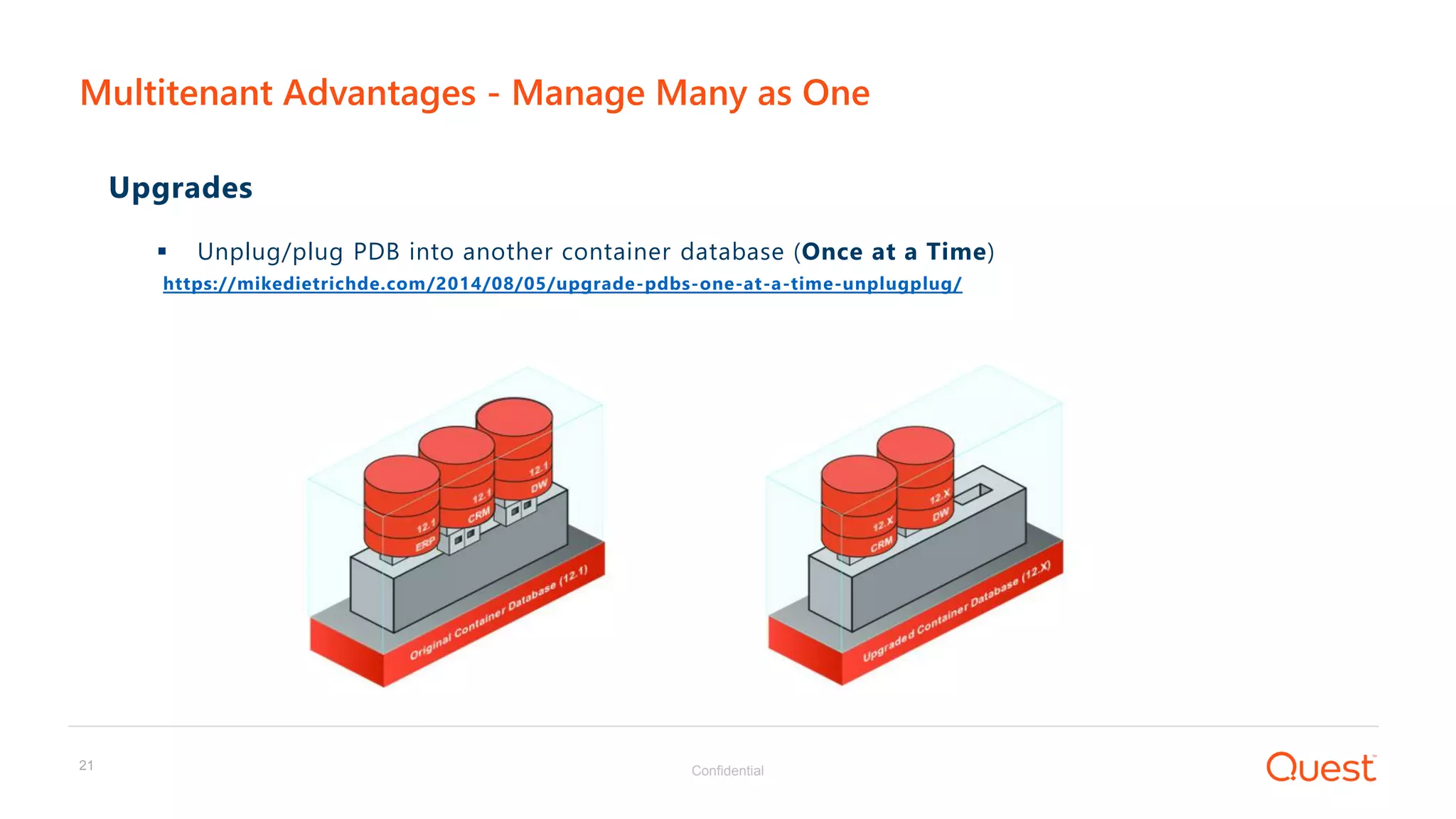 Confidential21
Upgrades
 Unplug/plug PDB into another container database (Once at a Time)
https://mikedietrichde.com/2014/08/05/upgrade-pdbs-one-at-a-time-unplugplug/
Multitenant Advantages - Manage Many as One
 
