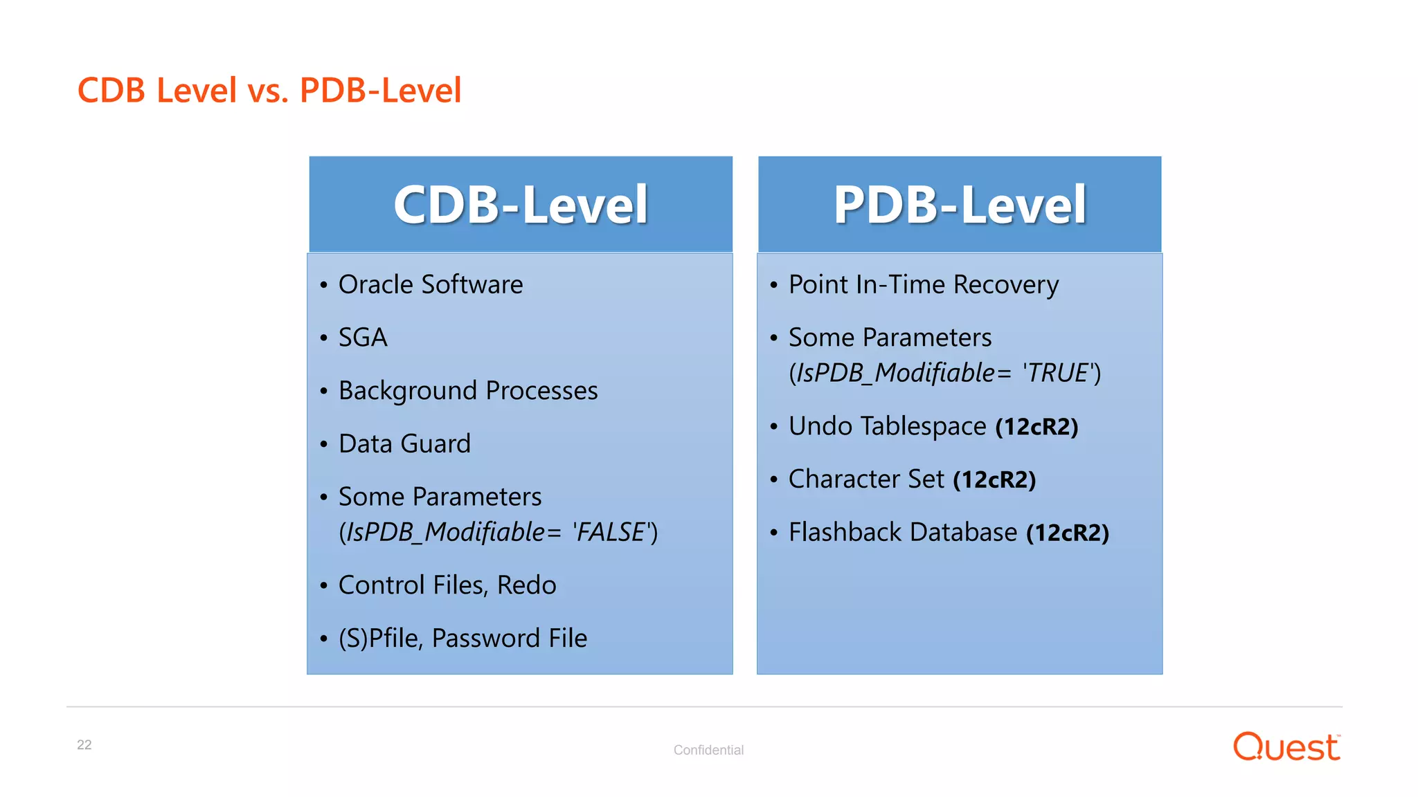 Confidential22
CDB Level vs. PDB-Level
CDB-Level
• Oracle Software
• SGA
• Background Processes
• Data Guard
• Some Parameters
(IsPDB_Modifiable= 'FALSE')
• Control Files, Redo
• (S)Pfile, Password File
PDB-Level
• Point In-Time Recovery
• Some Parameters
(IsPDB_Modifiable= 'TRUE')
• Undo Tablespace (12cR2)
• Character Set (12cR2)
• Flashback Database (12cR2)
 