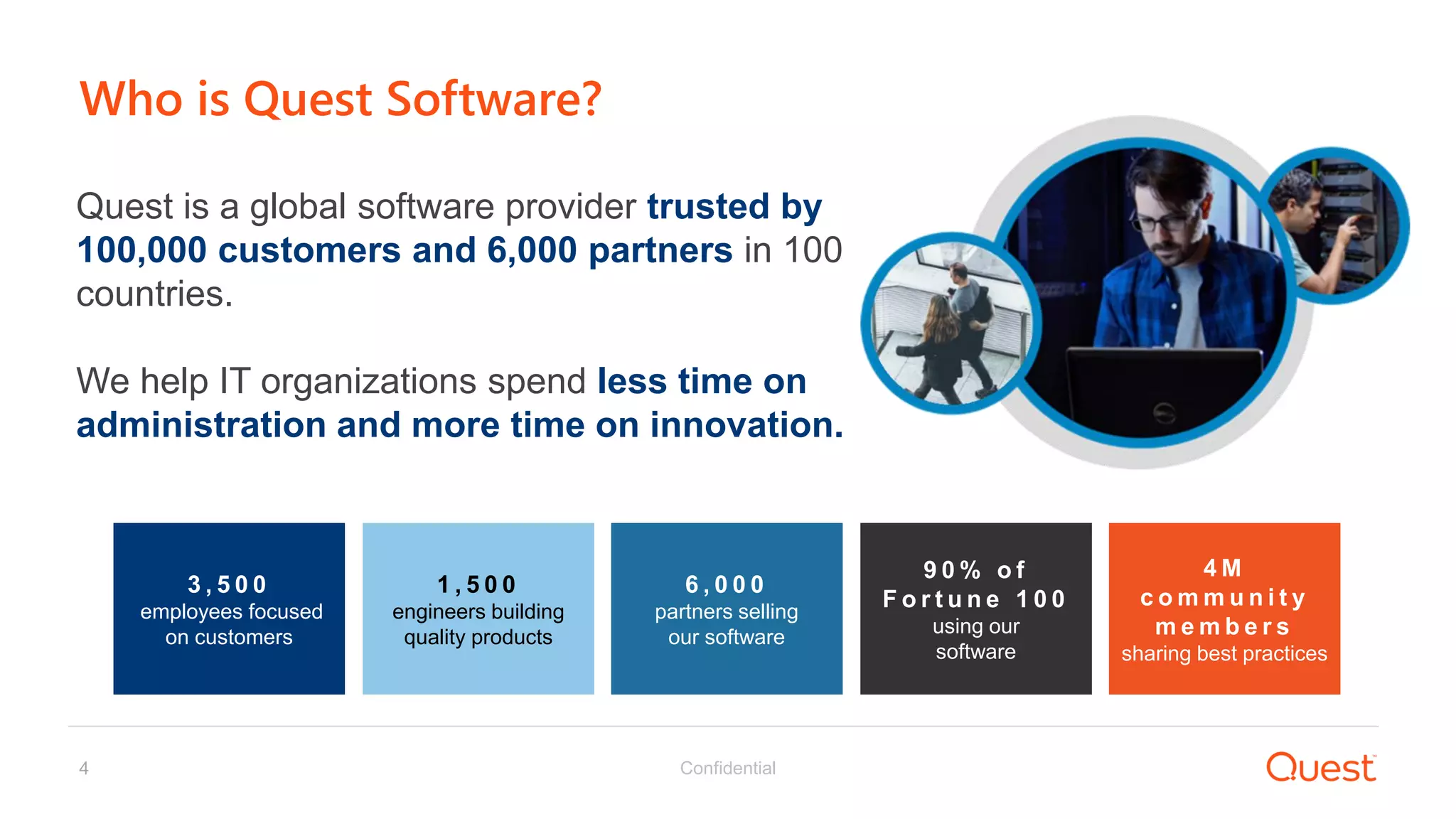 Confidential4
Who is Quest Software?
9 0 % o f
F o r t u n e 1 0 0
using our
software
1 , 5 0 0
engineers building
quality products
4 M
c o m m u n i t y
m e m b e r s
sharing best practices
3 , 5 0 0
employees focused
on customers
Quest is a global software provider trusted by
100,000 customers and 6,000 partners in 100
countries.
We help IT organizations spend less time on
administration and more time on innovation.
6 , 0 0 0
partners selling
our software
 