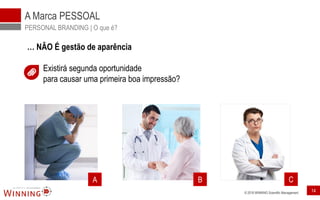 © 2016 WINNING Scientific Management 14
A Marca PESSOAL
PERSONAL BRANDING | O que é?
… NÃO É gestão de aparência
Existirá segunda oportunidade
para causar uma primeira boa impressão?
A B C
 