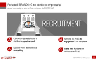© 2016 WINNING Scientific Management 23
Personal BRANDING no contexto empresarial
Acrescentar valor às Marcas Corporativas e às EMPRESAS
Construção de credibilidade e
visibilidade organizacional
Aumento dos níveis de
engagement com a empresa
Expandir redes de influência e
networking
Efeito halo (funciona em
ambos os sentidos)
 