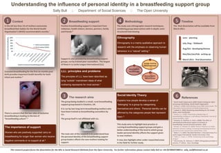 Understanding the influence of personal identity in a breastfeeding support group
                                                        Sally Bull       ::     Department of Social Sciences                        ::       The Open University


  1     Context                                                2      Breastfeeding support                             4        Methodology                                        5        Timeline
In the UK less than 1% of mothers exclusively                Positive breastfeeding support is important from          The study uses ethnographic research techniques,          The final dissertation will be available from
breastfeed their babies for the World Health                 midwives, health visitors, doctors, partners, family      combining group observations with in-depth, semi-         March 2011.
Organisation’s (WHO) recommended 6 months.¹                  and friends.⁶                                             structured interviewing.

                                                                                                                       Ethnography                                                             June : planning

                                                                                                                       Ethnography is a mainly qualitative approach to                         July /Aug : fieldwork
                                                                                                                       research with the emphasis on observing human
                                                                                                                                                                                               Aug/Oct: developing themes
                                                                                                                       behaviour in a “natural” setting.⁹
                                                                                                                                                                                               Nov/Dec/Jan/Feb: writing up

                                                             Support is also provided by breastfeeding support                                              1                                  March 2011: final dissertation
                                                             groups, run by trained peer counsellors. The largest
                                                                                                                                                   Group meeting
                                                             of these is La Leche League International (LLL)                              2        OBSERVATIONS
                                                                                                                                   New mother
Exclusive breastfeeding for the first six months post        LLL: principles and problems                                          INTERVIEWS               3
birth provides important health benefits for both
                                                             The principles of LLL have been described as                                           Group leader
infant and mother.³                                                                                                                                 INTERVIEWS
                                                             lying “outside” mainstream ideas of what
                                                             mothering represents for most women.⁷




                                                               3      The research aims
                                                                                                                       Social Identity Theory                                       6        References
                                                                                                                       Explains how people develop a sense of
                                                             The group being studied is a small, rural breastfeeding                                                            ¹ World Health Organisation (2003) Global strategy for infant
                                                             support group based in Cheshire, UK.                      “belonging” to a group by categorising                   and young child feeding, World Health Organisation
                                                                                                                                                                                ² Bolling, K. (2006) Infant feeding survey 2005: early results, The
                                                             It is run by two long-term breastfeeding mothers who      themselves and others. Personal identity can be          Information Centre and the UK Health Departments
                                                                                                                                                                                ³ Cadwell, K. (2002) Reclaiming breastfeeding for the United
                                                             have been trained as breastfeeding counsellors by                                                                  States, Jones and Bartlett
There is concern that the low rates of exclusive                                                                       affirmed by the categories people feel represent
                                                             LLL.                                                                                                               ⁴ Dennis, C-L. (1999) ‘Theoretical underpinnings of
breastfeeding is leading to the loss of                                                                                them. ⁸                                                  breastfeeding confidence: a self-efficacy framework’ Journal of
“breastfeeding culture”.⁴                                    The group itself is not affiliated with LLL.                                                                       human lactation, 15(3)
                                                                                                                                                                                ⁵ Porteous, R., Kaufman, K., Rush, J (2000) ‘The effect of
                                                                                                                                                                                individualized professional support on duration of
                                                                                                                       This study aims to highlight best practice in            breastfeeding’ Journal of human lactation, 16(4)
                                                                                                                                                                                ⁶ Rempel, LA. Rempel, JK. (2004) ‘Partner influence on health
The importance of support                                                                                              running breastfeeding support groups and gain a
                                                                                                                                                                                behaviour decision-making; increasing breastfeeding duration.’
                                                                                                                       better understanding of the level to which group         Journal of social and personal relationships, 21(1)
Women who are positively supported carry on                                                                            leader personal identity affects the support given       ⁷ Bobel, C. G. (2001) ‘Bounded liberation: a focussed study of La
                                                             The main aim of the research is to understand how                                                                  Leche League International’ Gender and society, 15(1)
breastfeeding for longer than women who receive              the personal identity of the breastfeeding support        to new mothers.                                          ⁸ Tajfel, H., Fraser, C. (1978) Introducing social psychology,
                                                                                                                                                                                Penguin
negative comments or no support at all.⁵                     group leaders affects the new mothers looking for         It may also highlight other under researched areas       ⁹ Hammersley, M., Atkinson, P. (2007) Ethnography principles in
                                                             support.                                                  in the field for further study.                          practice, 3rd edition, Oxon, Routledge



      This research project forms the dissertation for the MSc in Social Research Methods from the Open University. For further information please contact Sally Bull on +44 (0)7884073889 or sally_bull@hotmail.co.uk
 