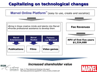 Capitalizing on technological changes

  Marvel Online Platform
                                                     TM
                                                          (easy to use, create and socialize)




•Bring in those creative minds and talents into Marvel
                                                                                Fee Revenues
•Provide professional assistance to develop them



     Marvel                 Marvel                   Partners:
  Entertainment             Studios                e.g. Microsoft             NPV of first five years
                                                                                 $1,324,688


Publications                Films               Video games




                         Increased shareholder value
             Note: (1) “Pew Internet and American Life project”,
             http://www.pewinternet.org/pdfs/PIP_Teens_Content_Creation.pdf
 