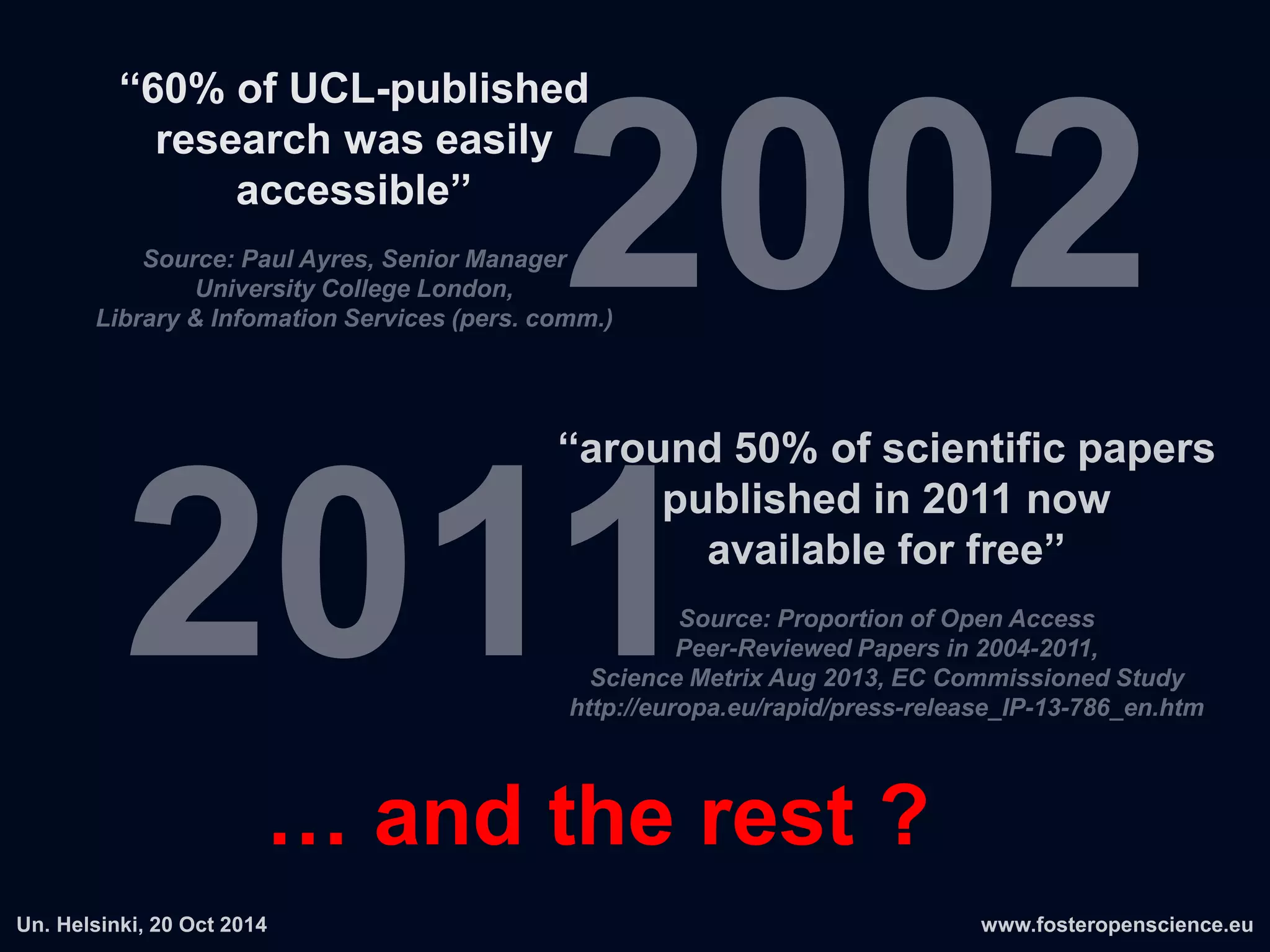 Dr. Alan Leshner,
CEO AAAS & Publisher of ”Science” journal
#esof2014 pic.twitter.com/M9D0rVtggI
24/06/2014 16:53
@ fosterscience
"Focus on Impact (Factor) distorts
what matters in science”
 