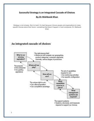 1
Successful Strategy is an Integrated Cascade of Choices
By.Dr.Mahboob Khan
Strategy is not complex. But it is hard. It’s hard because it forces people and organizations to make
specific choices about their future—something that doesn’t happen in most companies. Dr .Mahboob
Khan
 