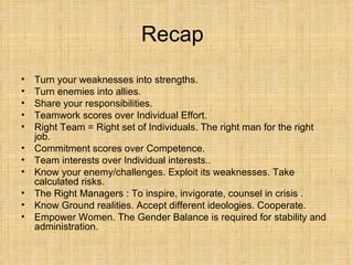 Recap Turn your weaknesses into strengths.  Turn enemies into allies.  Share your responsibilities. Teamwork scores over Individual Effort. Right Team = Right set of Individuals. The right man for the right job. Commitment scores over Competence. Team interests over Individual interests.. Know your enemy/challenges. Exploit its weaknesses. Take calculated risks. The Right Managers : To inspire, invigorate, counsel in crisis . Know Ground realities. Accept different ideologies. Cooperate.  Empower Women. The Gender Balance is required for stability and administration. 