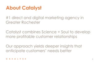 About Catalyst
3
#1 direct and digital marketing agency in
Greater Rochester
Catalyst combines Science + Soul to develop
m...