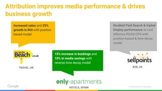 Confidential & Proprietary
Attribution improves media performance & drives
business growth
Increased sales and 25%
growth in ROI with position
based model
TRAVEL, UK
15% increase in bookings and
10% in media savings with
reverse time decay model
HOTELS, SPAIN
B2B, US
Doubled Paid Search & tripled
Display performance at cost
effective ROAS/CPA with
position-based & time decay
model
 