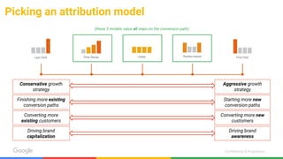 Confidential & Proprietary
Picking an attribution model
Conservative growth
strategy
Aggressive growth
strategy
Finishing more existing
conversion paths
Starting more new
conversion paths
Converting more
existing customers
Converting more new
customers
Driving brand
capitalization
Driving brand
awareness
(these 3 models value all steps on the conversion path)
 