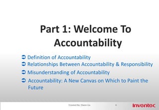 Part 1: Welcome To Accountability Definition of Accountability Relationships Between Accountability & Responsibility Misunderstanding of Accountability