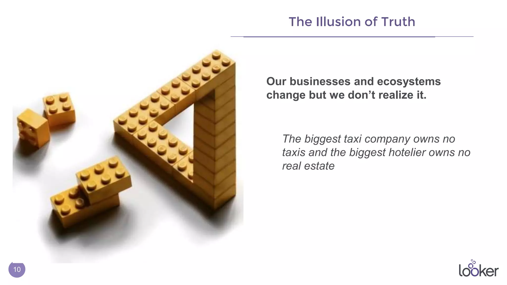 10
The Illusion of Truth
Our businesses and ecosystems
change but we don’t realize it.
The biggest taxi company owns no
taxis and the biggest hotelier owns no
real estate
