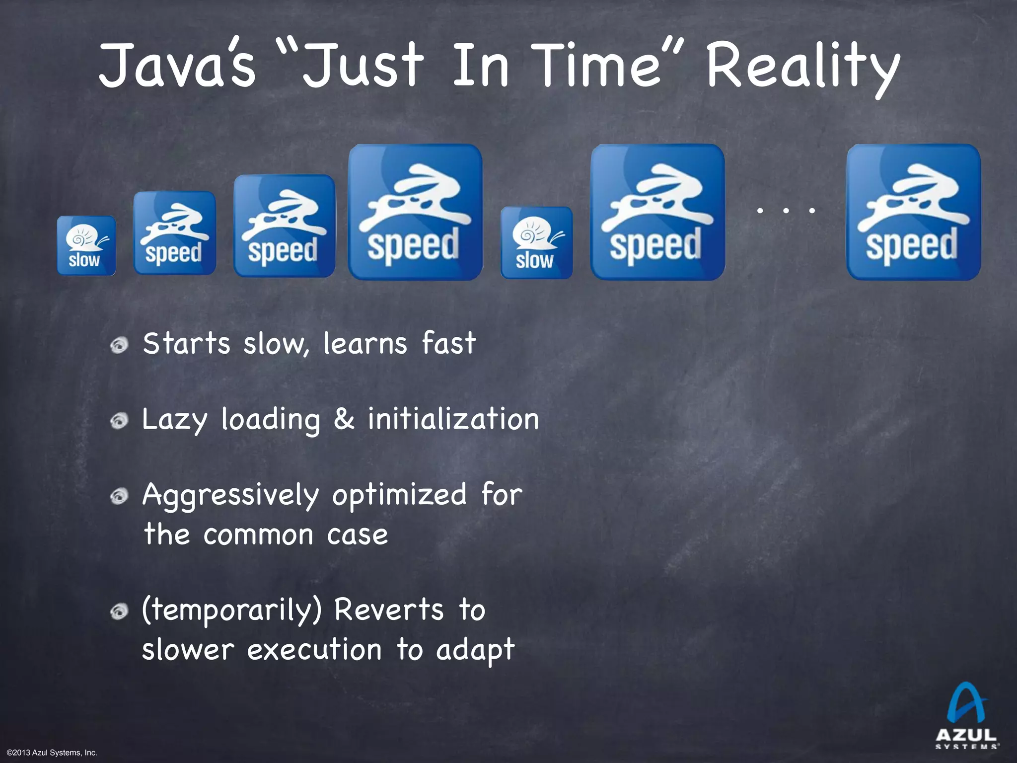 ©2013 Azul Systems, Inc.	
 	
 	
 	
 	
 	
Java’s “Just In Time” Reality
Starts slow, learns fast
Lazy loading & initialization
Aggressively optimized for
the common case
(temporarily) Reverts to
slower execution to adapt
. . .
 