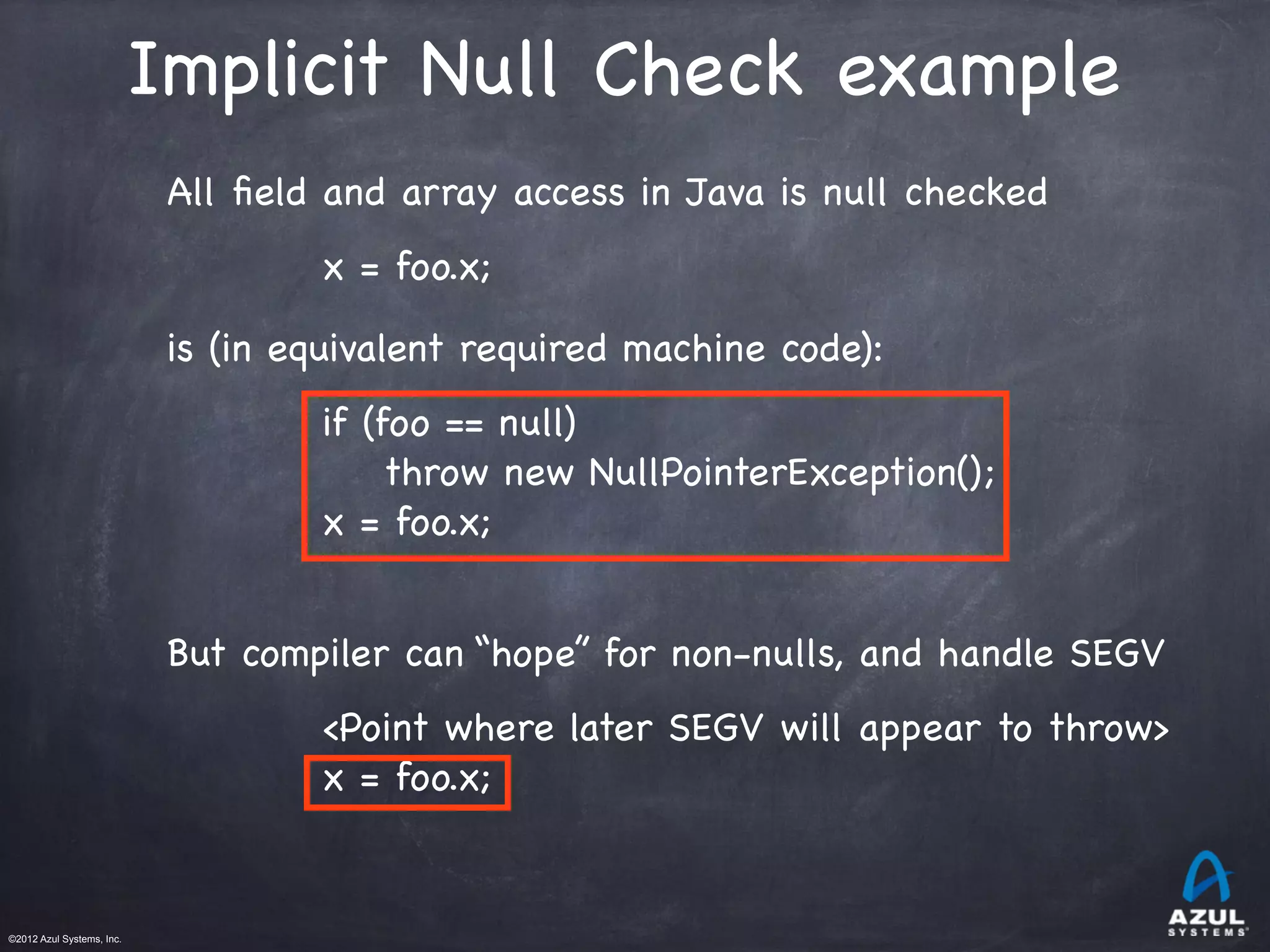 ©2012 Azul Systems, Inc.	
 	
 	
 	
 	
 	
Implicit Null Check example
All ﬁeld and array access in Java is null checked
x = foo.x;
is (in equivalent required machine code):
if (foo == null)
throw new NullPointerException();
x = foo.x;
But compiler can “hope” for non-nulls, and handle SEGV
<Point where later SEGV will appear to throw>
x = foo.x;
 