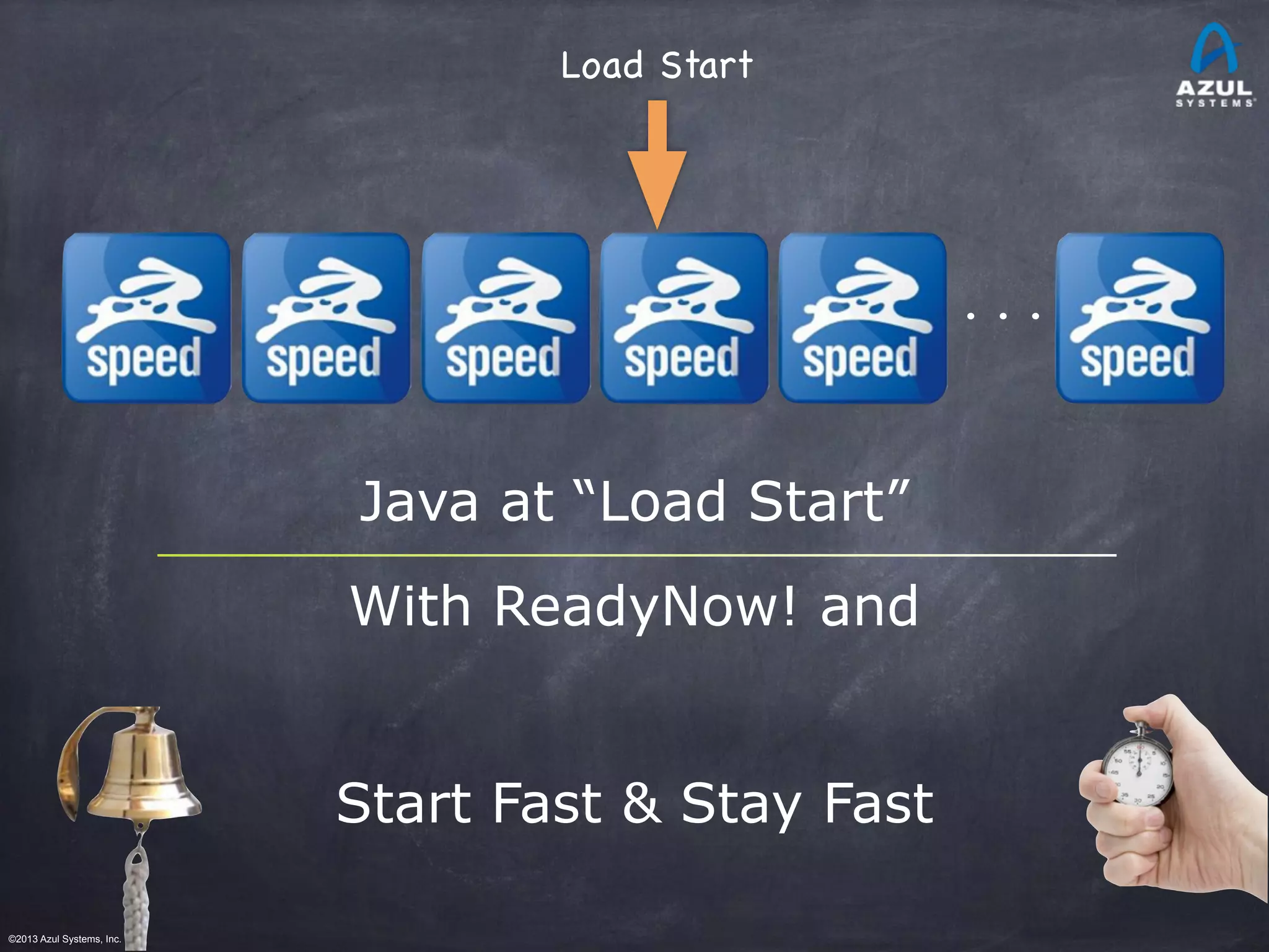 ©2013 Azul Systems, Inc.	
 	
 	
 	
 	
 	
. . .
Load Start
With ReadyNow! and
Start Fast & Stay Fast
Java at “Load Start”
 
