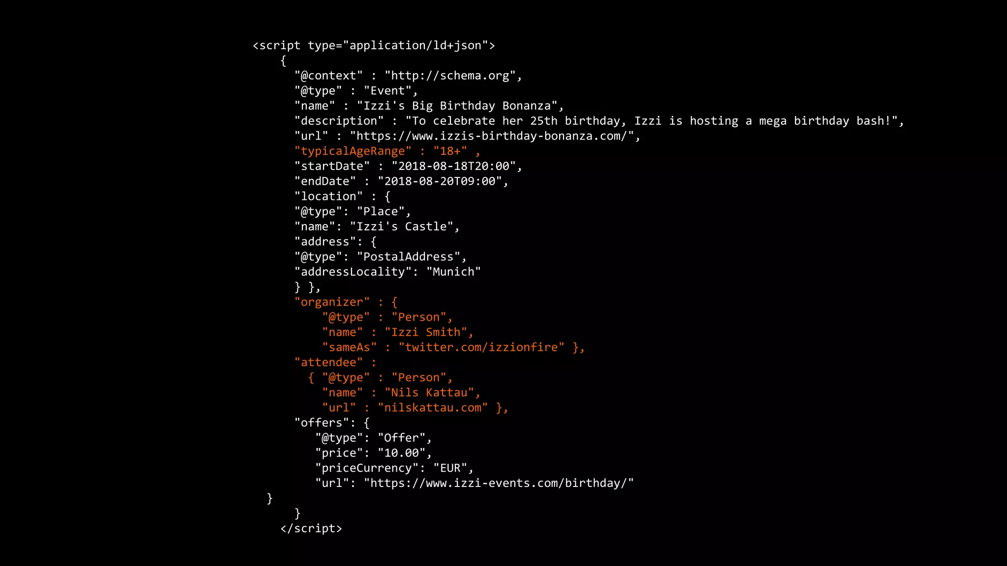 <script type="application/ld+json">
{
"@context" : "http://schema.org",
"@type" : "Event",
"name" : "Izzi's Big Birthday Bonanza",
"description" : "To celebrate her 25th birthday, Izzi is hosting a mega birthday bash!",
"url" : "https://www.izzis-birthday-bonanza.com/",
"typicalAgeRange" : "18+" ,
"startDate" : "2018-08-18T20:00",
"endDate" : "2018-08-20T09:00",
"location" : {
"@type": "Place",
"name": "Izzi's Castle",
"address": {
"@type": "PostalAddress",
"addressLocality": "Munich"
} },
"organizer" : {
"@type" : "Person",
"name" : "Izzi Smith",
"sameAs" : "twitter.com/izzionfire" },
"attendee" :
{ "@type" : "Person",
"name" : "Nils Kattau",
"url" : "nilskattau.com" },
"offers": {
"@type": "Offer",
"price": "10.00",
"priceCurrency": "EUR",
"url": "https://www.izzi-events.com/birthday/"
}
}
</script>
 