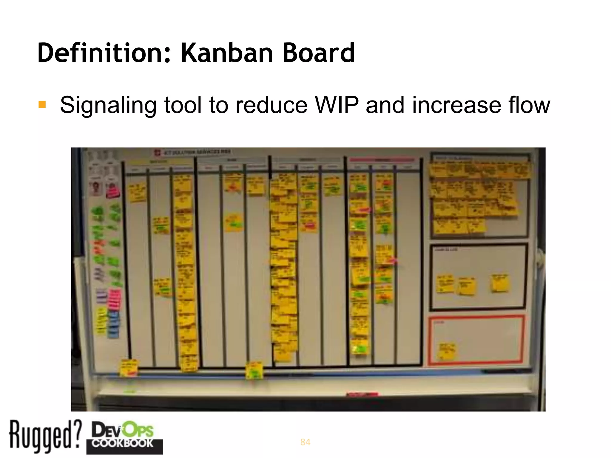 Definition: Kanban Board
 Signaling tool to reduce WIP and increase flow




                        84
 