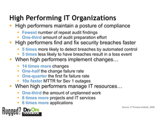 High Performing IT Organizations
 High performers maintain a posture of compliance
    Fewest number of repeat audit findings
    One-third amount of audit preparation effort
 High performers find and fix security breaches faster
    5 times more likely to detect breaches by automated control
    5 times less likely to have breaches result in a loss event
 When high performers implement changes…
      14 times more changes
      One-half the change failure rate
      One-quarter the first fix failure rate
      10x faster MTTR for Sev 1 outages
 When high performers manage IT resources…
    One-third the amount of unplanned work
    8 times more projects and IT services
    6 times more applications
                                                        Source: IT Process Institute, 2008
 