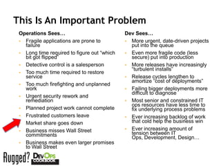 This Is An Important Problem
 Operations Sees…                            Dev Sees…
  Fragile applications are prone to          More urgent, date-driven projects
   failure                                     put into the queue
  Long time required to figure out “which    Even more fragile code (less
   bit got flipped”                            secure) put into production
  Detective control is a salesperson         More releases have increasingly
                                               “turbulent installs”
  Too much time required to restore
   service                                    Release cycles lengthen to
                                               amortize “cost of deployments”
  Too much firefighting and unplanned
   work                                       Failing bigger deployments more
                                               difficult to diagnose
  Urgent security rework and
   remediation                                Most senior and constrained IT
                                               ops resources have less time to
  Planned project work cannot complete        fix underlying process problems
  Frustrated customers leave                 Ever increasing backlog of work
  Market share goes down                      that cold help the business win
  Business misses Wall Street                Ever increasing amount of
   commitments                                 tension between IT
                                               Ops, Development, Design…
  Business makes even larger promises
   to Wall Street
 