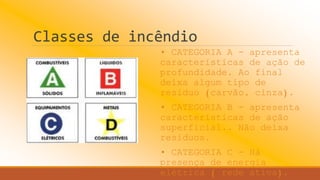 Classes de incêndio
• CATEGORIA A - apresenta
características de ação de
profundidade. Ao final
deixa algum tipo de
resíduo (carvão, cinza).
• CATEGORIA B - apresenta
características de ação
superficial.. Não deixa
resíduos.
• CATEGORIA C - Há
presença de energia
elétrica ( rede ativa).
 