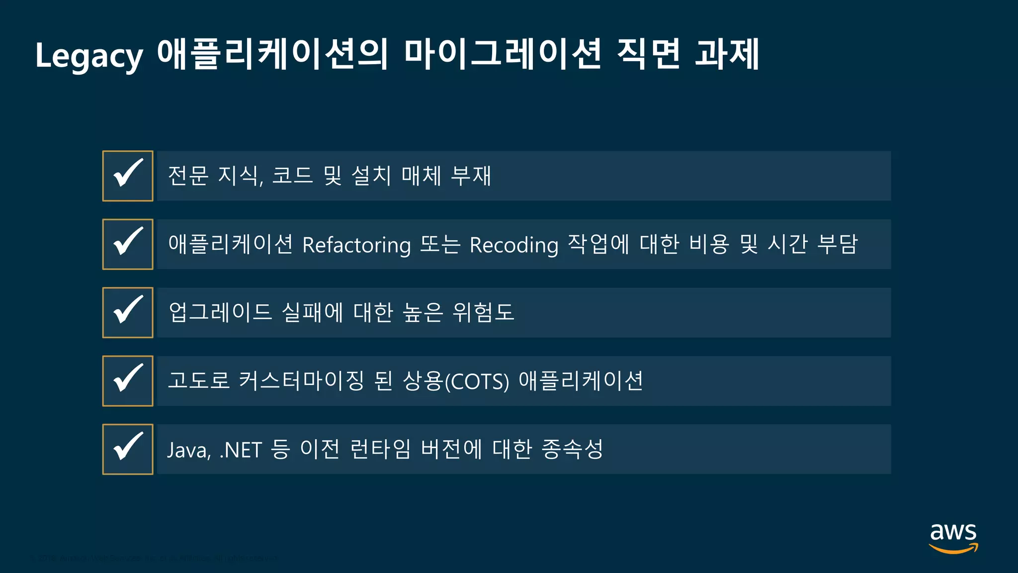 © 2020, Amazon Web Services, Inc. or its Affiliates.
© 2018, Amazon Web Services, Inc. or its Affiliates. All rights reserved.
Legacy 애플리케이션의 마이그레이션 직면 과제
애플리케이션 Refactoring 또는 Recoding 작업에 대한 비용 및 시간 부담
전문 지식, 코드 및 설치 매체 부재
업그레이드 실패에 대한 높은 위험도
고도로 커스터마이징 된 상용(COTS) 애플리케이션
Java, .NET 등 이전 런타임 버전에 대한 종속성✓
✓
✓
✓
✓
 