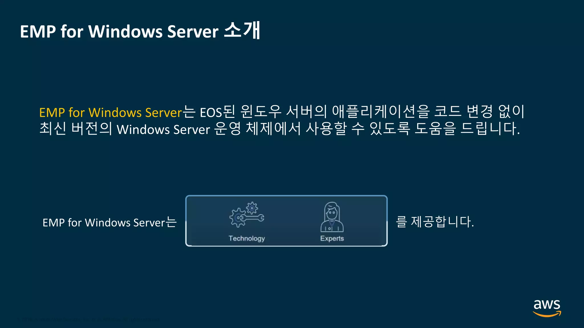 © 2020, Amazon Web Services, Inc. or its Affiliates.
© 2018, Amazon Web Services, Inc. or its Affiliates. All rights reserved.
EMP for Windows Server 소개
EMP for Windows Server는 를 제공합니다.
EMP for Windows Server는 EOS된 윈도우 서버의 애플리케이션을 코드 변경 없이
최신 버전의 Windows Server 운영 체제에서 사용할 수 있도록 도움을 드립니다.
 