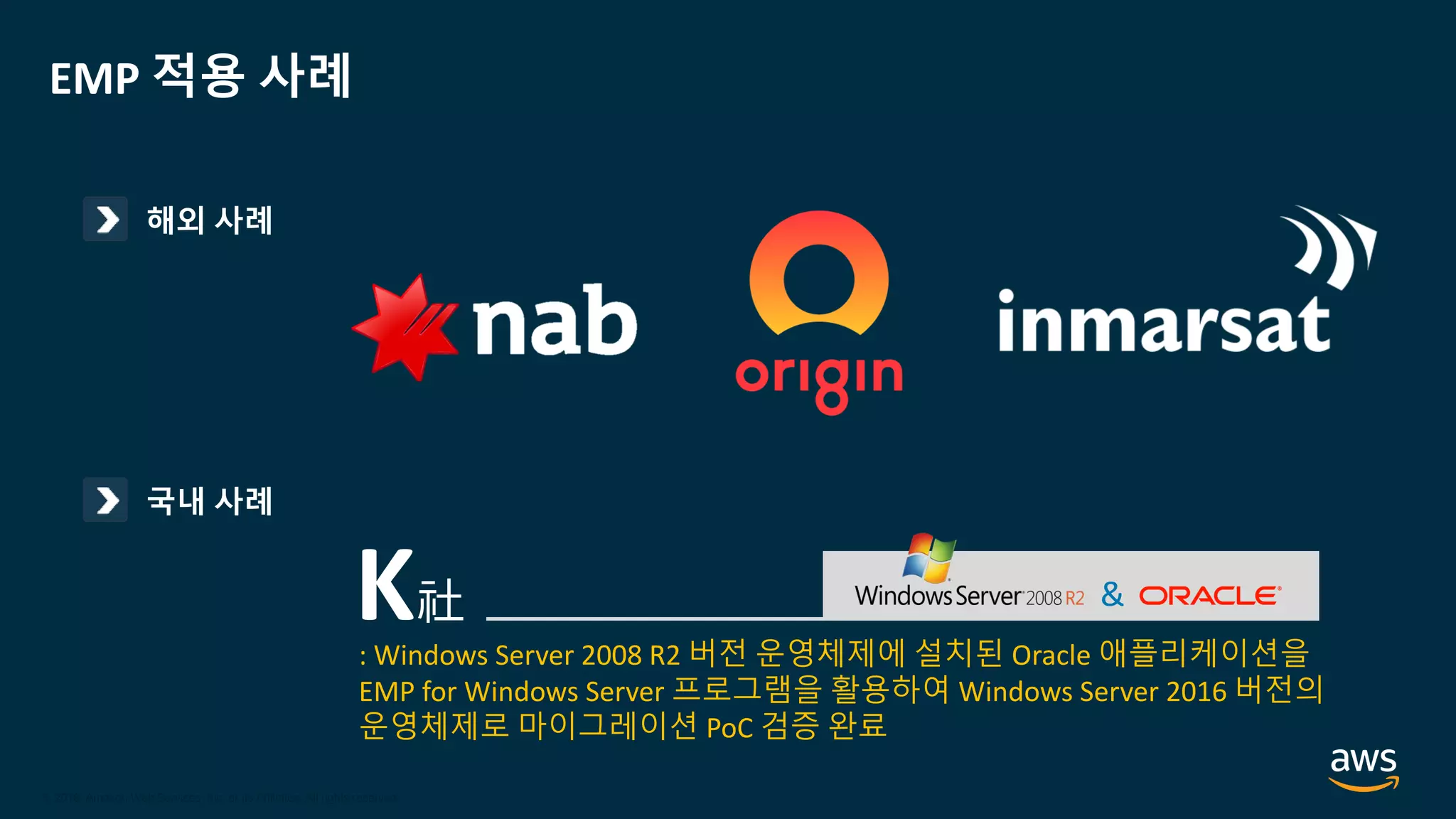 © 2020, Amazon Web Services, Inc. or its Affiliates.
© 2018, Amazon Web Services, Inc. or its Affiliates. All rights reserved.
EMP 적용 사례
: Windows Server 2008 R2 버전 운영체제에 설치된 Oracle 애플리케이션을
EMP for Windows Server 프로그램을 활용하여 Windows Server 2016 버전의
운영체제로 마이그레이션 PoC 검증 완료
해외 사례
국내 사례
&K社
 
