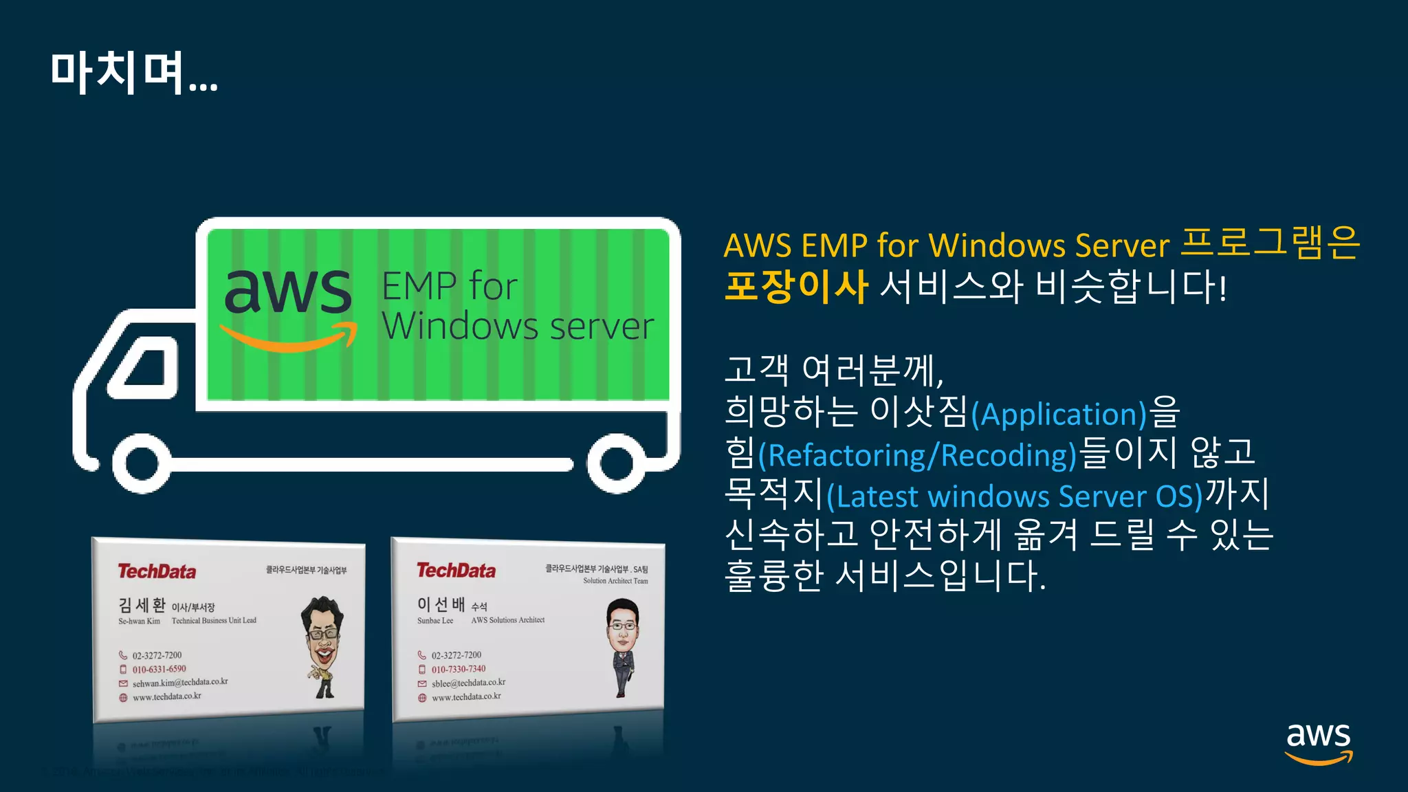 © 2020, Amazon Web Services, Inc. or its Affiliates.
© 2018, Amazon Web Services, Inc. or its Affiliates. All rights reserved.
마치며…
AWS EMP for Windows Server 프로그램은
포장이사 서비스와 비슷합니다!
고객 여러분께,
희망하는 이삿짐(Application)을
힘(Refactoring/Recoding)들이지 않고
목적지(Latest windows Server OS)까지
신속하고 안전하게 옮겨 드릴 수 있는
훌륭한 서비스입니다.
 