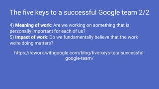 The ﬁve keys to a successful Google team 2/2
4) Meaning of work: Are we working on something that is
personally important for each of us?
5) Impact of work: Do we fundamentally believe that the work
we’re doing matters?
https://rework.withgoogle.com/blog/ﬁve-keys-to-a-successful-
google-team/
 